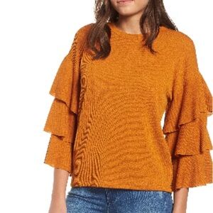 all in favor ribbed ruffle sleeve top in honey ginger size small